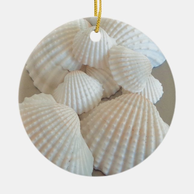 Sunny White Seashells, Summer Beach Exotic Ceramic Tree Decoration (Front)