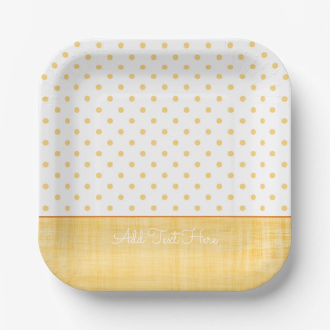 Sunny Whitewash Linen Yellow Polkadots Custom Text Paper Plate (Front)