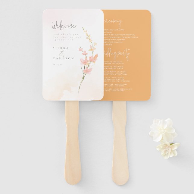 Sunny Wildflower Wedding Program Peach ID1023 Hand Fan (Front and Back)