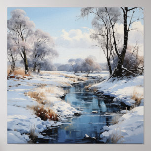 Sunny Winter Field and Stream Outdoor Scenic  Poster