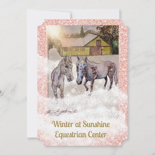sunny winter scene 2 white horses holiday card (Front)