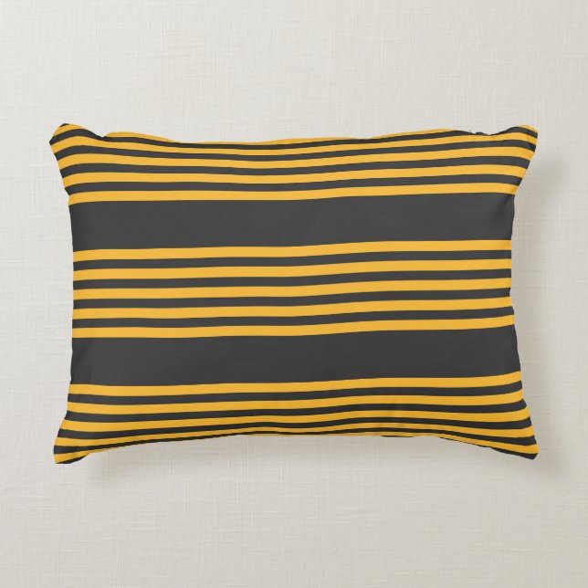 Sunny yellow and charcoal five stripe pattern decorative cushion (Front)