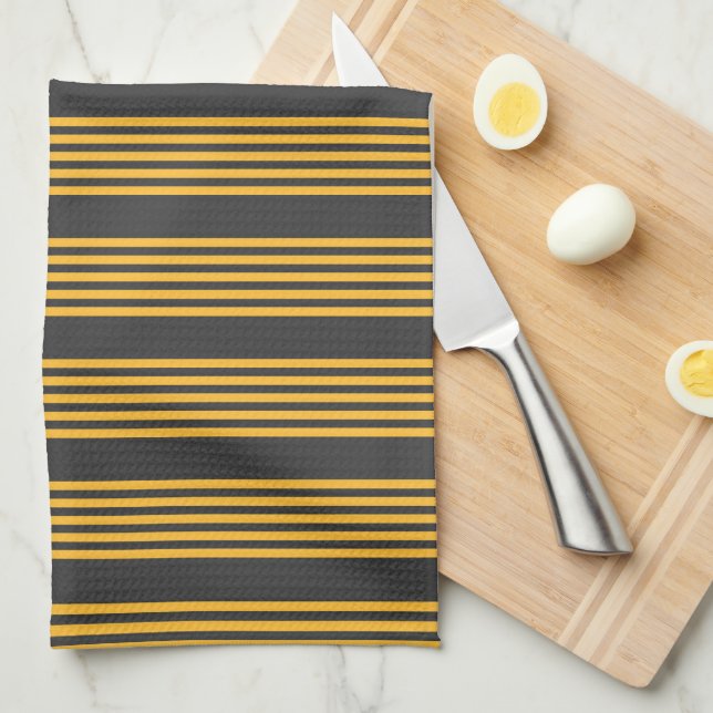 Sunny yellow and charcoal five stripe pattern tea towel (Quarter Fold)