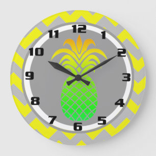Sunny Yellow and Grey Pineapple on Chevron Pattern Large Clock
