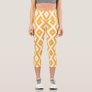 Sunny yellow and white diamond pattern capri leggings