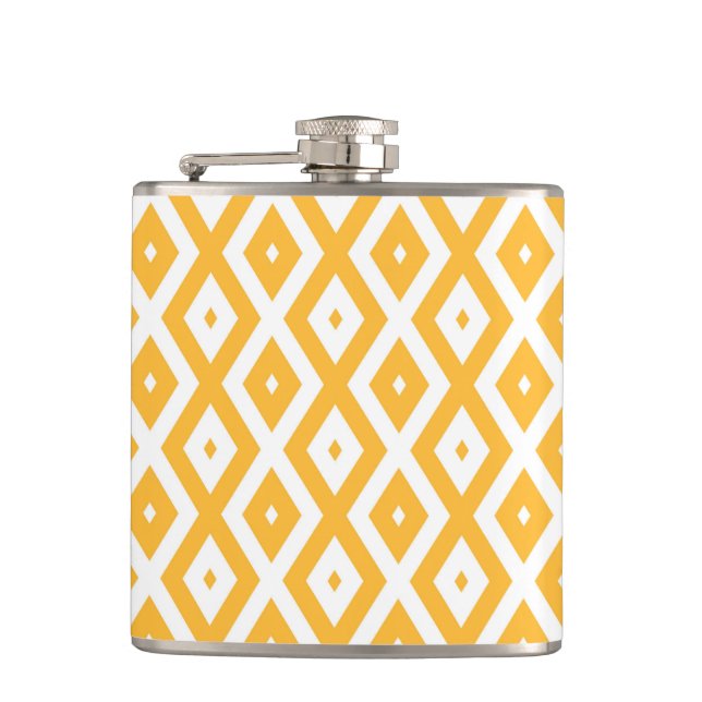 Sunny yellow and white diamond pattern hip flask (Front)