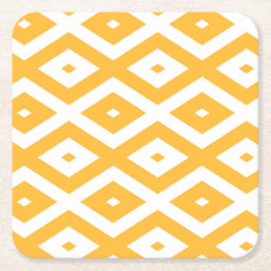 Sunny yellow and white diamond pattern square paper coaster