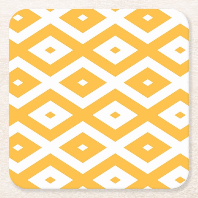 Sunny yellow and white diamond pattern square paper coaster (Front)