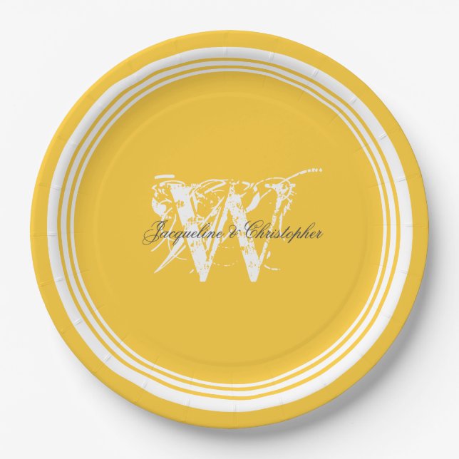 Sunny Yellow And White Elegant Monogram Wedding Paper Plate (Front)