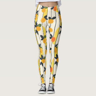 Sunny Yellow Citrus Fruit Print with Green Leaves Leggings