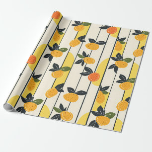 Sunny Yellow Citrus Fruit Print with Green Leaves Wrapping Paper