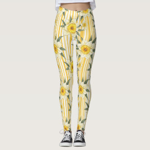 Sunny Yellow Daffodil Floral Stripe Pattern Leggings