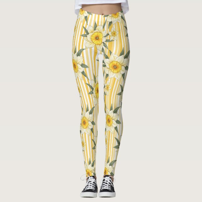 Sunny Yellow Daffodil Floral Stripe Pattern Leggings (Front)