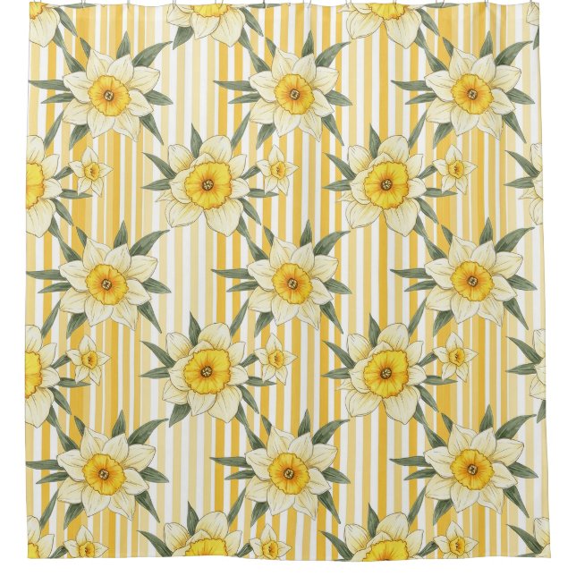 Sunny Yellow Daffodil Floral Stripe Pattern Shower Curtain (Front)