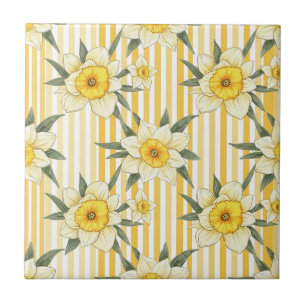 Sunny Yellow Daffodil Floral Stripe Pattern Tile