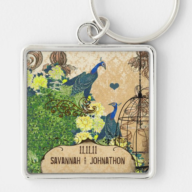 Sunny Yellow Elegance Vintage Birdcage Peacock  Key Ring (Front)