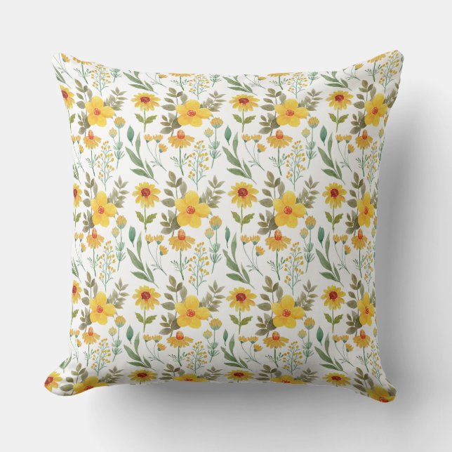 Sunny Yellow Floral Repeat Pattern Art Cushion (Front)