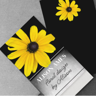 sunny yellow flower floral design on black business card