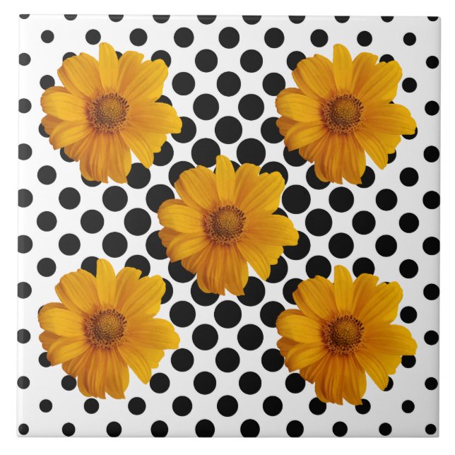 Sunny Yellow Flowers on Black and White Dot Tile (Front)