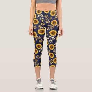 Sunny Yellow Gold Navy Sunflowers Leaf Watercolor Capri Leggings