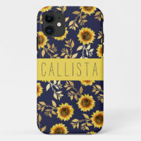 Sunny Yellow Gold Navy Sunflowers Leaves Monogram