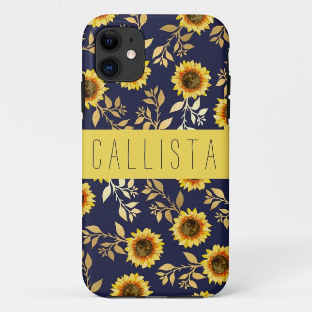 Sunny Yellow Gold Navy Sunflowers Leaves Monogram Case-Mate iPhone Case (Back)