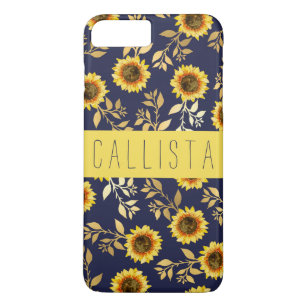 Sunny Yellow Gold Navy Sunflowers Leaves Monogram Case-Mate iPhone Case