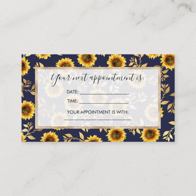 Sunny Yellow Gold Navy Sunflowers Leaves Pattern Appointment Card (Front)