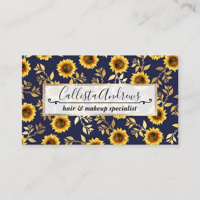 Sunny Yellow Gold Navy Sunflowers Leaves Pattern Business Card (Front)