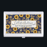 Sunny Yellow Gold Navy Sunflowers Leaves Pattern Business Card Holder<br><div class="desc">This elegant and chic floral pattern is perfect for the summer season. it features a yellow and brown watercolor painted sunflower pattern with faux printed gold foil leaves on top of a simple navy blue background. This print is trendy, country, and modern. ***IMPORTANT DESIGN NOTE: For any custom design request...</div>