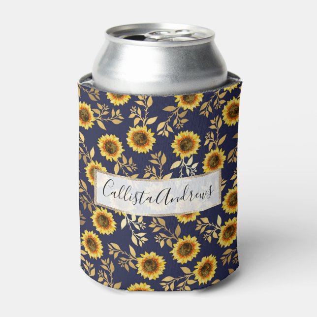 Sunny Yellow Gold Navy Sunflowers Leaves Pattern Can Cooler (Can Front)