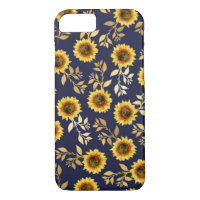 Sunny Yellow Gold Navy Sunflowers Leaves Pattern
