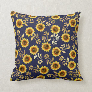 Sunny Yellow Gold Navy Sunflowers Leaves Pattern Cushion