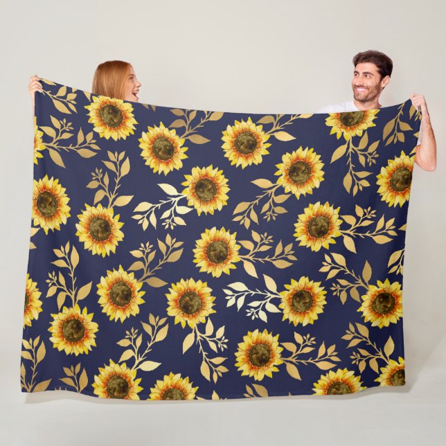 Sunny Yellow Gold Navy Sunflowers Leaves Pattern Fleece Blanket (In Situ)