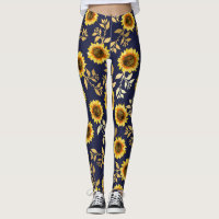 Sunny Yellow Gold Navy Sunflowers Leaves Pattern