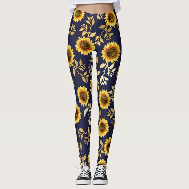 Sunny Yellow Gold Navy Sunflowers Leaves Pattern Leggings (Front)
