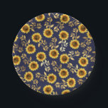 Sunny Yellow Gold Navy Sunflowers Leaves Pattern Paper Plate<br><div class="desc">This elegant and chic floral pattern is perfect for the summer season. it features a yellow and brown watercolor painted sunflower pattern with faux printed gold foil leaves on top of a simple navy blue background. This print is trendy, country, and modern. ***IMPORTANT DESIGN NOTE: For any custom design request...</div>