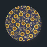 Sunny Yellow Gold Navy Sunflowers Leaves Pattern Paper Plate<br><div class="desc">This elegant and chic floral pattern is perfect for the summer season. it features a yellow and brown watercolor painted sunflower pattern with faux printed gold foil leaves on top of a simple navy blue background. This print is trendy, country, and modern. ***IMPORTANT DESIGN NOTE: For any custom design request...</div>