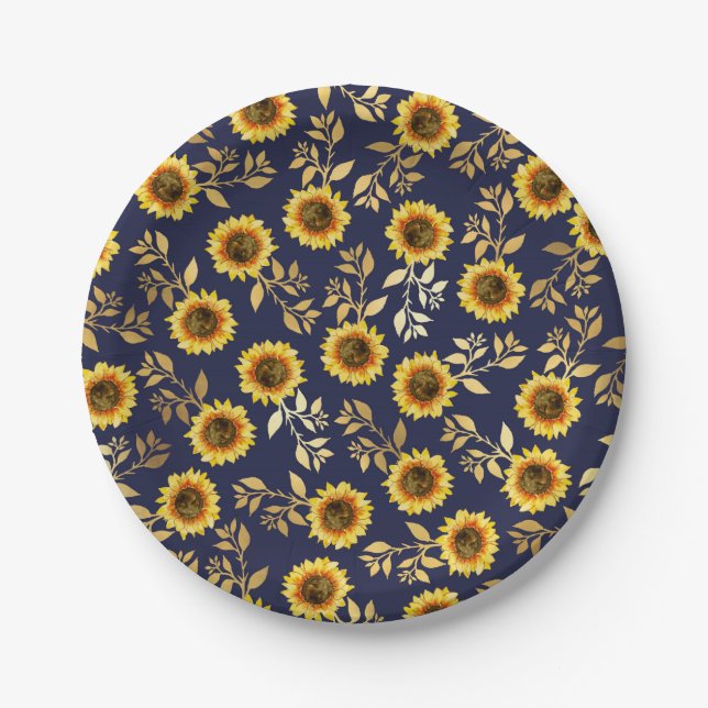Sunny Yellow Gold Navy Sunflowers Leaves Pattern Paper Plate (Front)