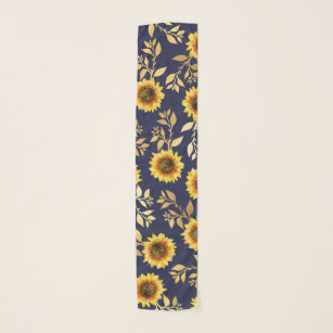 Sunny Yellow Gold Navy Sunflowers Leaves Pattern Scarf