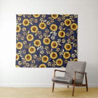Sunny Yellow Gold Navy Sunflowers Leaves Pattern