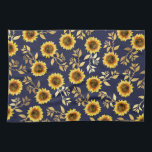 Sunny Yellow Gold Navy Sunflowers Leaves Pattern Tea Towel<br><div class="desc">This elegant and chic floral pattern is perfect for the summer season. it features a yellow and brown watercolor painted sunflower pattern with faux printed gold foil leaves on top of a simple navy blue background. This print is trendy, country, and modern. ***IMPORTANT DESIGN NOTE: For any custom design request...</div>