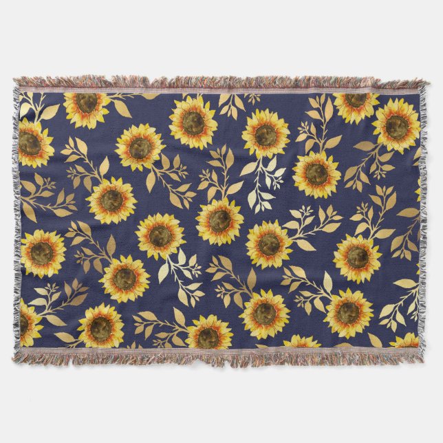 Sunny Yellow Gold Navy Sunflowers Leaves Pattern Throw Blanket (Front)