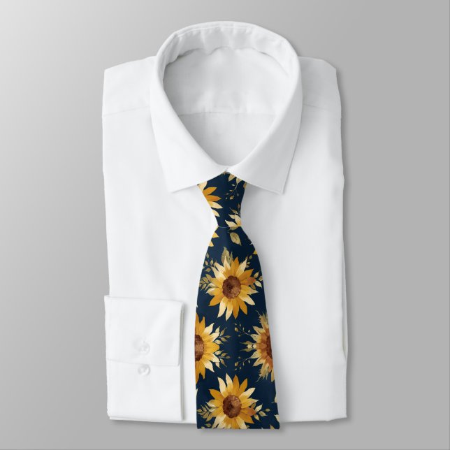 Sunny Yellow Gold Navy Sunflowers Leaves Pattern Tie (Tied)