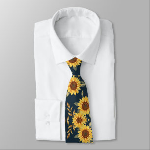Sunny Yellow Gold Navy Sunflowers Leaves Pattern Tie