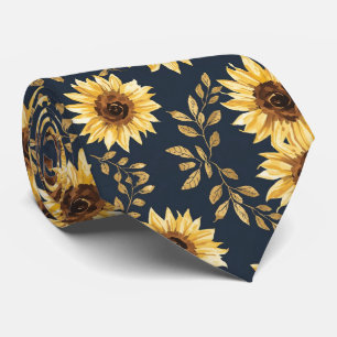Sunny Yellow Gold Navy Sunflowers Leaves Pattern Tie