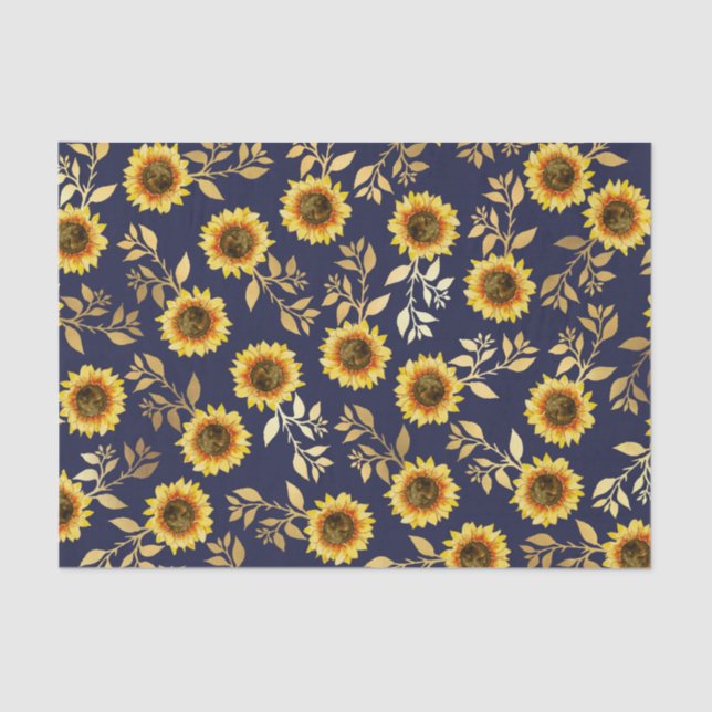 Sunny Yellow Gold Navy Sunflowers Leaves Pattern Tissue Paper (Front)