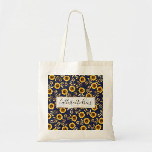 Sunny Yellow Gold Navy Sunflowers Leaves Pattern Tote Bag