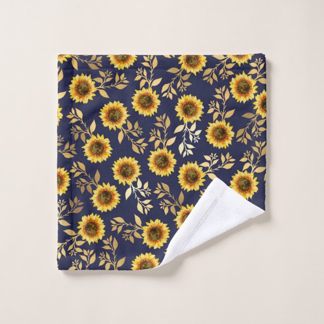 Sunny Yellow Gold Navy Sunflowers Leaves Pattern Wash Cloth (Wash Cloth)