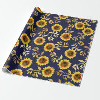 Sunny Yellow Gold Navy Sunflowers Leaves Pattern